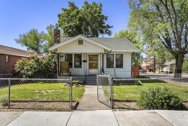 704 Roberts St, Reno, NV 89502 - bungalow-style house with a porch, a gate, a fenced front yard, and a chimney