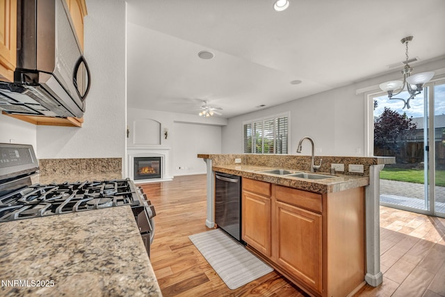 6469 Hale Bopp Ct, Sparks, NV 89436 - kitchen with appliances with stainless steel finishes, light wood-type flooring, open floor plan, a ceiling fan, and a glass covered fireplace