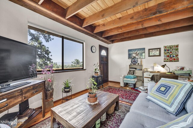 187 Jeannie Ln, Gardnerville, NV 89460 - living area featuring a wooden ceiling with exposed beams and wood finished floors