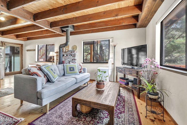 187 Jeannie Ln, Gardnerville, NV 89460 - living area with a wood stove, hardwood / wood-style floors, and a wood ceiling with exposed beams