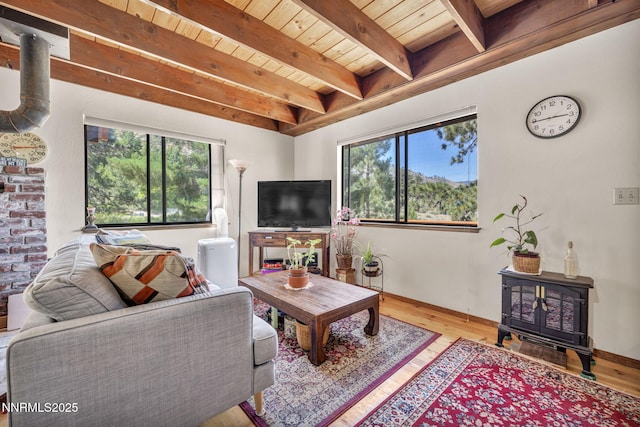 187 Jeannie Ln, Gardnerville, NV 89460 - living area with a wood stove, a wood ceiling with exposed beams, and wood finished floors