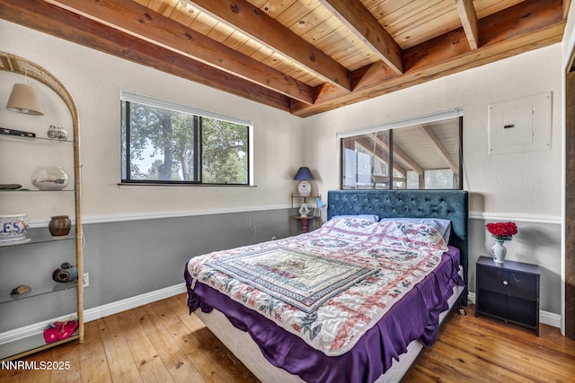 187 Jeannie Ln, Gardnerville, NV 89460 - bedroom with a wood ceiling with exposed beams, wood-type flooring, and electric panel