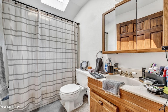 187 Jeannie Ln, Gardnerville, NV 89460 - full bathroom with a skylight, vanity, lofted ceiling, speckled floor, and shower / bath combination with curtain