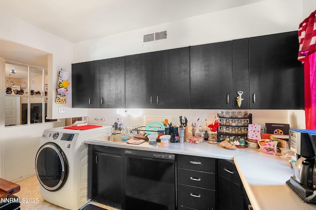 2455 Coppa Way, Sparks, NV 89431 - kitchen with dark cabinets, black dishwasher, light countertops, and washer / clothes dryer