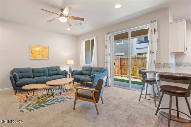 2170 Santona Cir, Reno, NV 89523 - living area with ceiling fan, light carpet, and recessed lighting