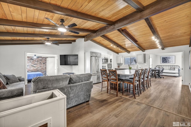 3430 Gwynelle Ct, Sparks, NV 89431 - dining room with wooden ceiling, a ceiling fan, and wood finished floors