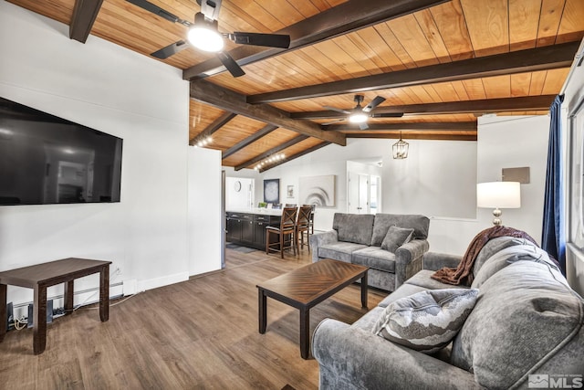 3430 Gwynelle Ct, Sparks, NV 89431 - living room with a ceiling fan, wooden ceiling, wood finished floors, and a baseboard heating unit