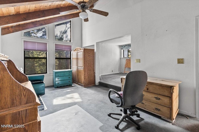 650 Tumbleweed Cir, Incline Village, NV 89451 - office area featuring carpet, a wood ceiling with exposed beams, high vaulted ceiling, and ceiling fan