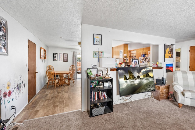 1009 E Robinson St, Carson City, NV 89701 - carpeted living room with a textured ceiling, ceiling fan, and wood finished floors