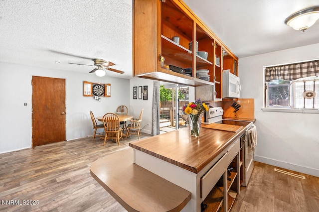 1009 E Robinson St, Carson City, NV 89701 - kitchen featuring white appliances, wood finished floors, open shelves, a ceiling fan, and a textured ceiling
