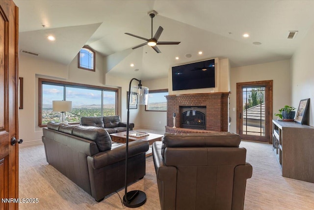 2550 Old Waverly Ct, Sparks, NV 89436 - living room with ceiling fan, a brick fireplace, high vaulted ceiling, light wood finished floors, and recessed lighting