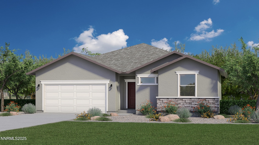 720 Sun Mesa Dr Lot 128, Sun Valley, NV 89433 - view of front of property featuring an attached garage, concrete driveway, a front lawn, stucco siding, and roof with shingles