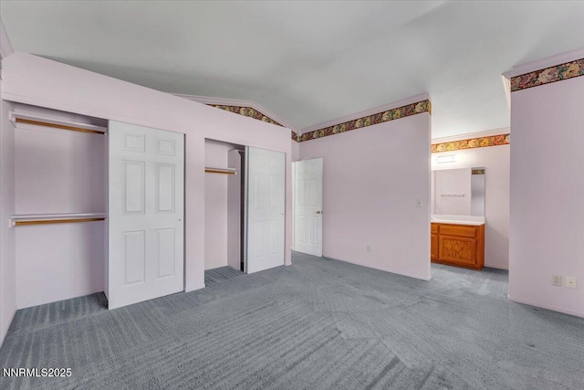971 Shadow Ln, Carson City, NV 89705 - unfurnished bedroom with multiple closets, vaulted ceiling, and carpet floors