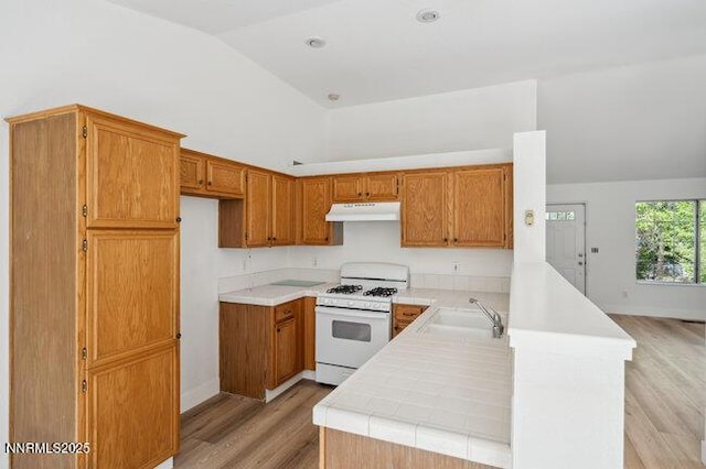 8589 Turtle Creek Ct, Reno, NV 89506 - kitchen featuring white gas range, under cabinet range hood, a peninsula, light wood-style flooring, and lofted ceiling