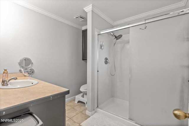 1510 E Slide Mountain Dr, Carson City, NV 89706 - bathroom featuring a shower stall, ornamental molding, tile patterned floors, and vanity