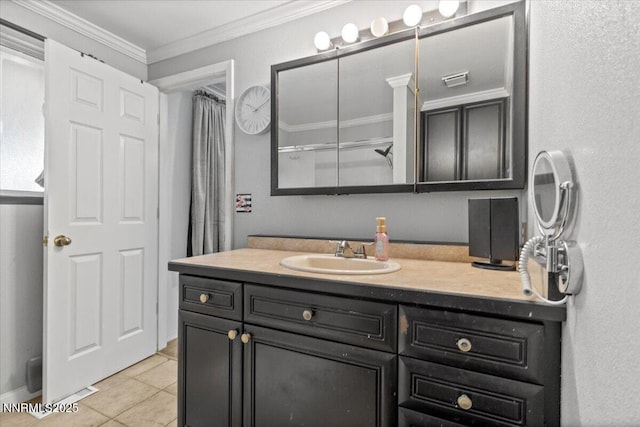 1510 E Slide Mountain Dr, Carson City, NV 89706 - bathroom featuring vanity, crown molding, tile patterned floors, and curtained shower
