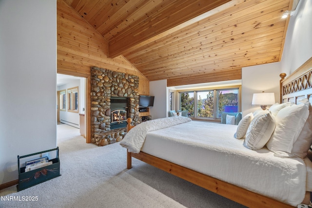 187 Yellow Jacket Rd, Glenbrook, NV 89413 - bedroom featuring a baseboard radiator, carpet floors, a wood ceiling with exposed beams, a fireplace, and high vaulted ceiling