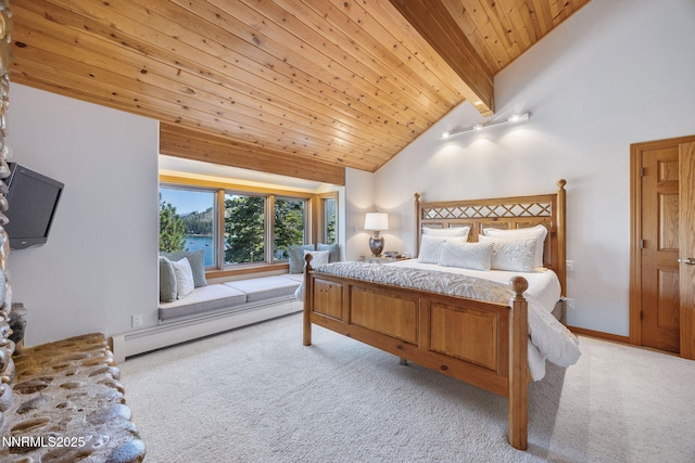 187 Yellow Jacket Rd, Glenbrook, NV 89413 - carpeted bedroom with baseboard heating, a wooden ceiling with exposed beams, and high vaulted ceiling