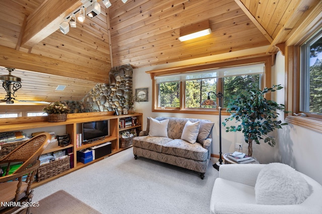 187 Yellow Jacket Rd, Glenbrook, NV 89413 - living room with track lighting, wood ceiling, carpet flooring, and vaulted ceiling