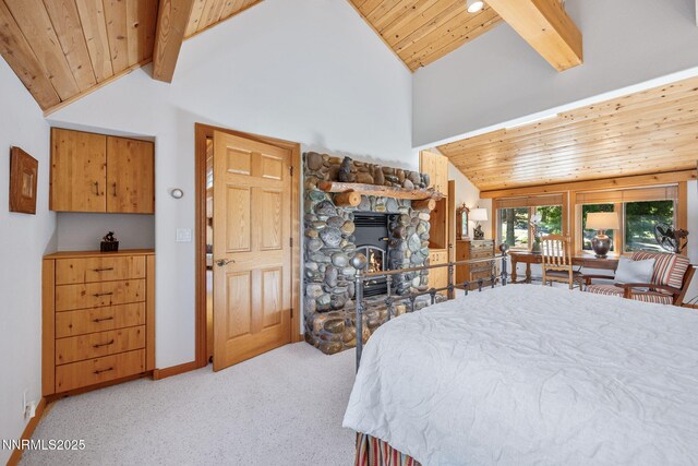 187 Yellow Jacket Rd, Glenbrook, NV 89413 - bedroom with a wood ceiling with exposed beams, light colored carpet, and high vaulted ceiling