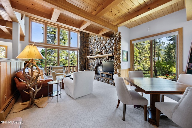 187 Yellow Jacket Rd, Glenbrook, NV 89413 - dining space with a wood ceiling with exposed beams, carpet floors, wainscoting, and baseboard heating