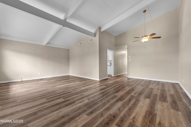12102 Rocky Mountain St, Reno, NV 89506 - unfurnished living room with beam ceiling, wood finished floors, ceiling fan, and high vaulted ceiling