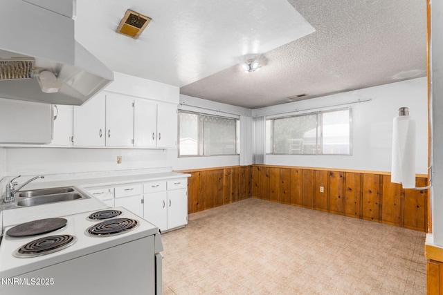 5385 Carol Dr, Sun Valley, NV 89433 - kitchen with wall chimney exhaust hood, a wainscoted wall, light countertops, wood walls, and white cabinets