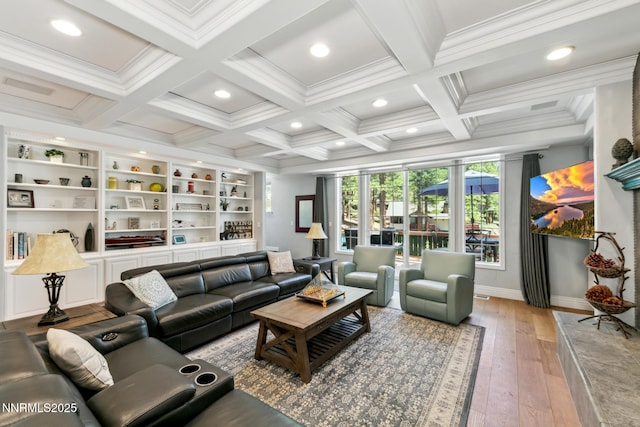 1064 Lucerne Way, Incline Village, NV 89451 - living area featuring wood-type flooring, beamed ceiling, coffered ceiling, crown molding, and recessed lighting