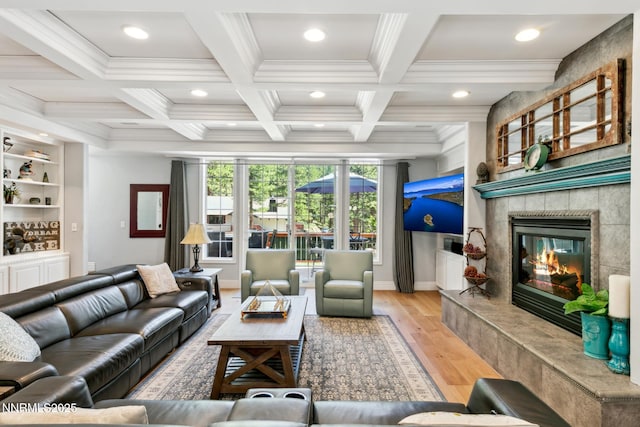 1064 Lucerne Way, Incline Village, NV 89451 - living room featuring recessed lighting, light wood-style flooring, a high end fireplace, crown molding, and beam ceiling