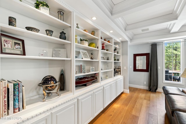 1064 Lucerne Way, Incline Village, NV 89451 - detailed view of crown molding, coffered ceiling, wood finished floors, beamed ceiling, and recessed lighting
