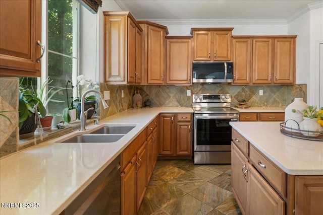 7470 Windswept Loop, Sparks, NV 89436 - kitchen featuring stainless steel appliances, ornamental molding, tasteful backsplash, and brown cabinetry