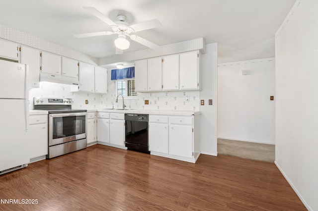 2960 Santa Ana Dr, Reno, NV 89502 - kitchen with stainless steel electric range, dishwasher, freestanding refrigerator, under cabinet range hood, and white cabinets