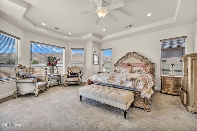 11575 Anthem Dr, Spanish Springs, NV 89441 - bedroom with a tray ceiling, light colored carpet, recessed lighting, and ceiling fan