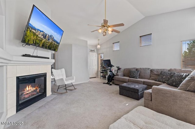 900 Ponderosa Ct, Dayton, NV 89403 - living area featuring lofted ceiling, a fireplace, a ceiling fan, and light carpet