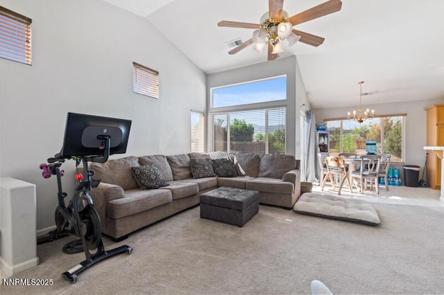 900 Ponderosa Ct, Dayton, NV 89403 - carpeted living room with a chandelier, plenty of natural light, ceiling fan, and high vaulted ceiling