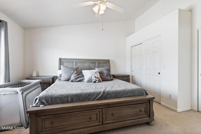 900 Ponderosa Ct, Dayton, NV 89403 - bedroom with light carpet, a closet, and a ceiling fan