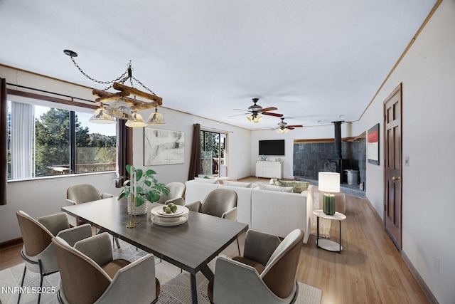 2260 Empire Rd, Reno, NV 89521 - dining area featuring light wood-style floors, ceiling fan, and a wood stove
