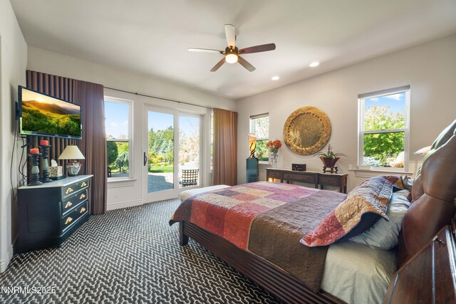 3970 Nature Trl, Reno, NV 89511 - bedroom featuring access to exterior, multiple windows, carpet, recessed lighting, and ceiling fan