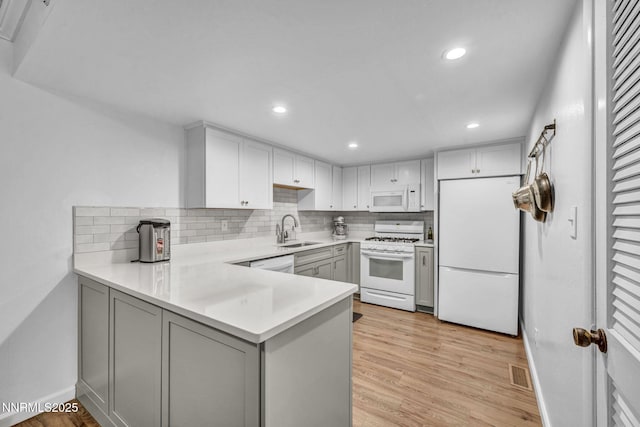 2300 Dickerson Rd Unit 25, Reno, NV 89503 - kitchen featuring white appliances, backsplash, light countertops, gray cabinetry, and recessed lighting