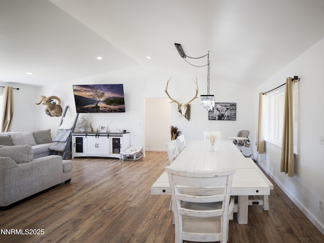 5875 Brooke Dr, Winnemucca, NV 89445 - dining space featuring vaulted ceiling, dark wood-style floors, a chandelier, and recessed lighting