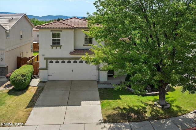 2865 Cintoia Dr, Sparks, NV 89434 - view of front of property with a tiled roof, concrete driveway, a garage, stucco siding, and a mountain view