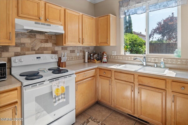2865 Cintoia Dr, Sparks, NV 89434 - kitchen with white range with electric stovetop, under cabinet range hood, light countertops, and backsplash
