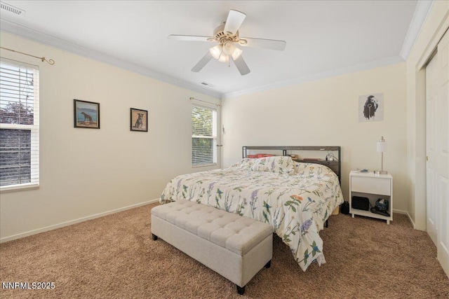 2865 Cintoia Dr, Sparks, NV 89434 - carpeted bedroom with crown molding, a closet, and a ceiling fan