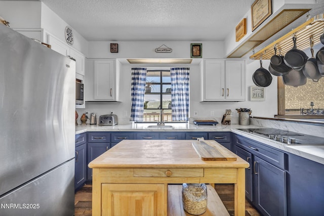 6200 Winnemucca Ranch Rd, Reno, NV 89510 - kitchen with stainless steel appliances, blue cabinets, a textured ceiling, dark wood finished floors, and white cabinetry