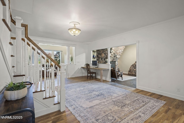 5 Connie Way, Reno, NV 89521 - entryway with stairs, decorative columns, wood finished floors, crown molding, and a chandelier