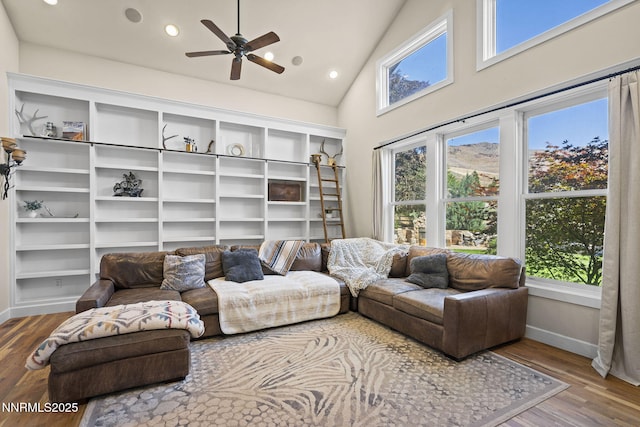 5 Connie Way, Reno, NV 89521 - living room featuring wood finished floors, high vaulted ceiling, a ceiling fan, and recessed lighting