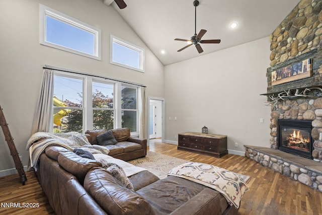 5 Connie Way, Reno, NV 89521 - living area with a ceiling fan, a fireplace, high vaulted ceiling, and wood finished floors