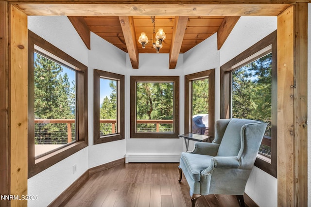 638 N Martin Dr, Zephyr Cove, NV 89448 - sunroom featuring a wood ceiling with exposed beams, a chandelier, and hardwood / wood-style flooring