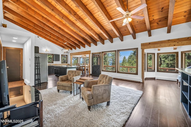 638 N Martin Dr, Zephyr Cove, NV 89448 - living room featuring wooden ceiling, dark wood-style floors, and ceiling fan
