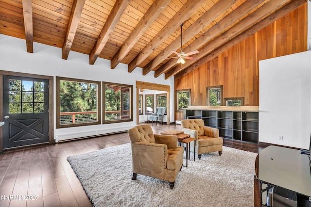 638 N Martin Dr, Zephyr Cove, NV 89448 - sitting room featuring hardwood / wood-style flooring, a wood ceiling with exposed beams, wooden walls, a ceiling fan, and baseboard heating